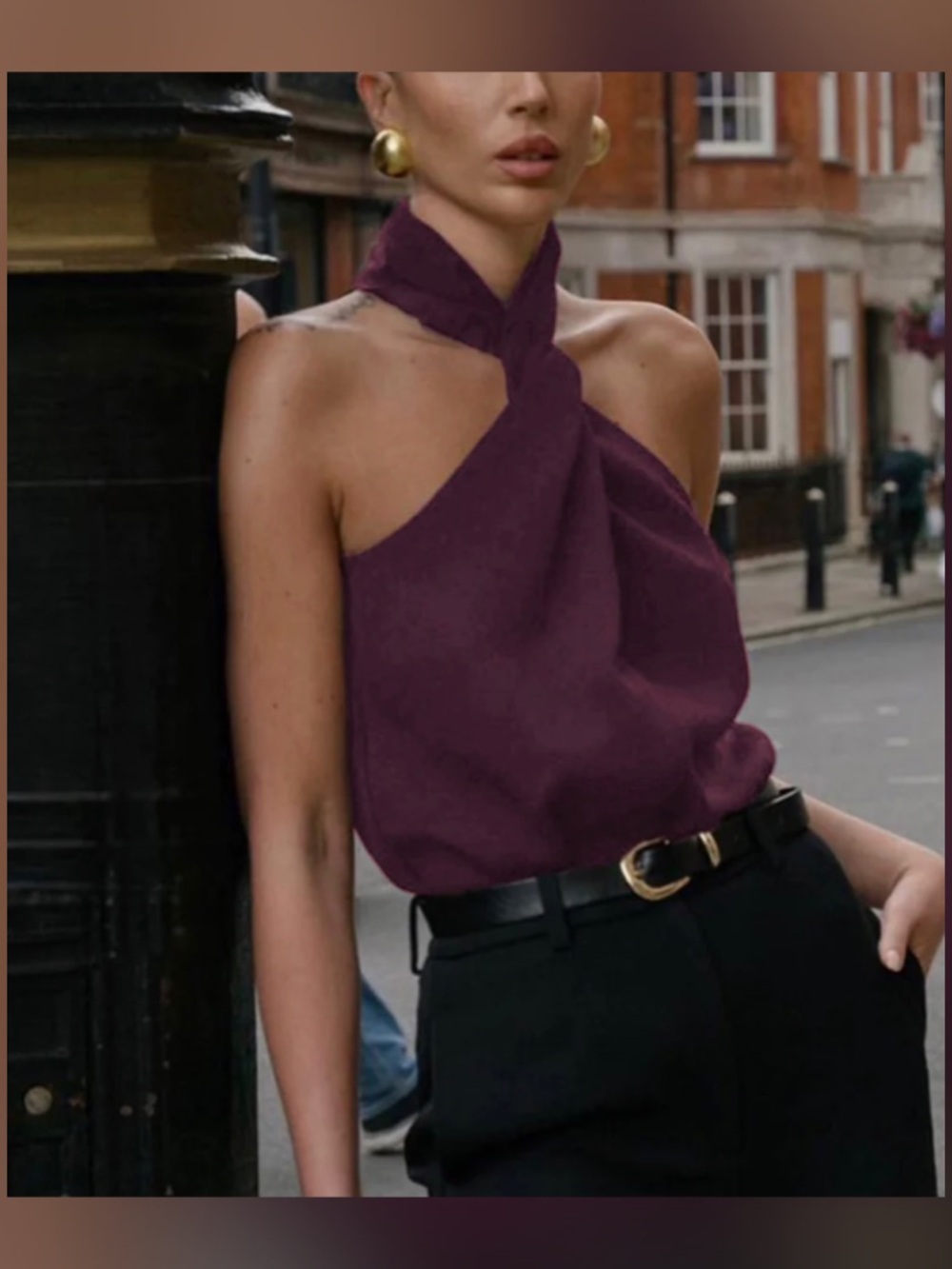 Commense Cross Halter Tank Top - Burgundy